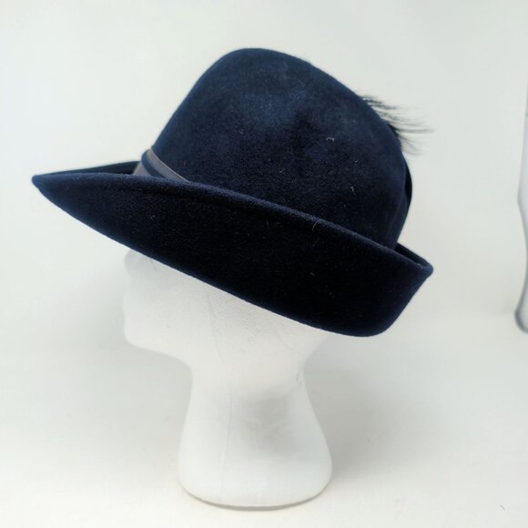 Vintage Silvia Hat Felt Stiff Blue Felt Feather Breton - Picture 6 of 11